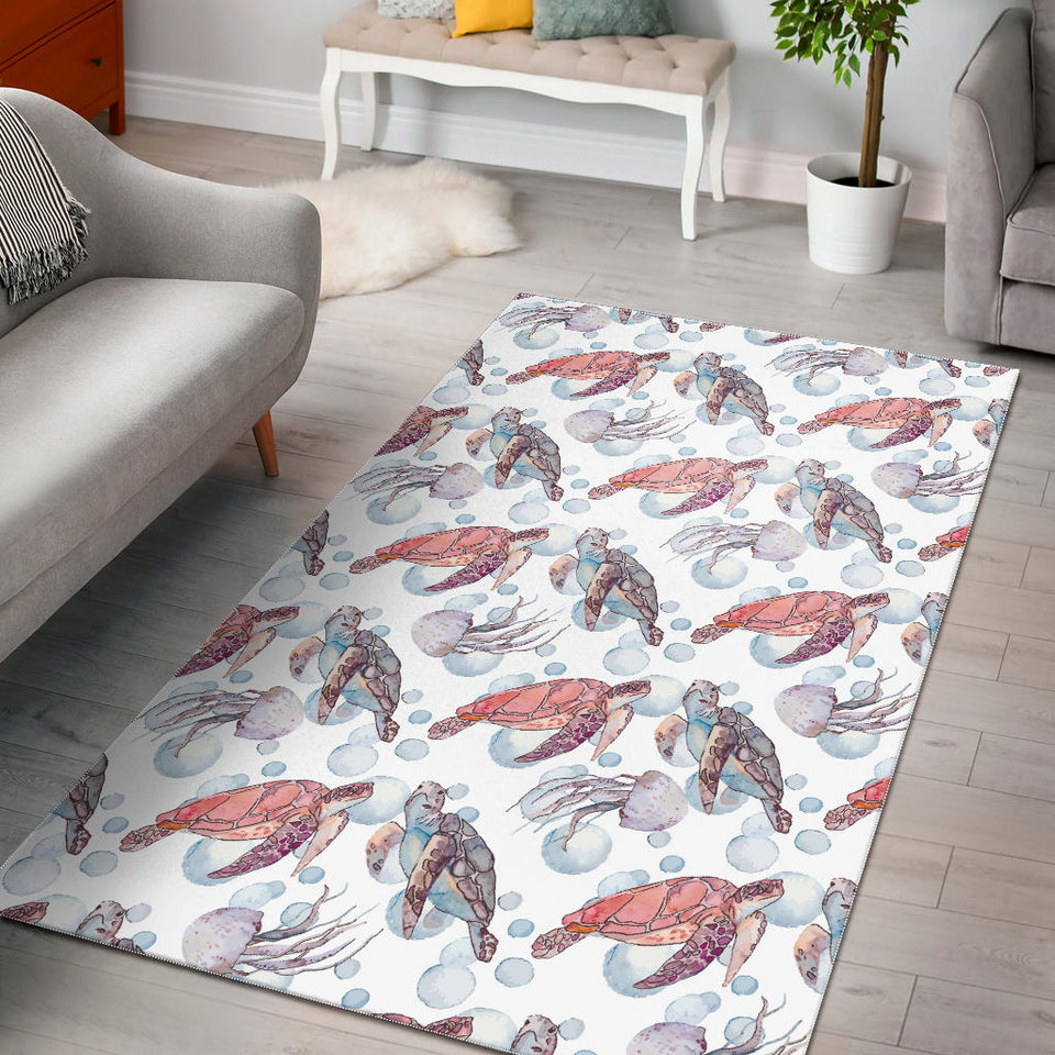 Watercolor Sea Turtle Jellyfish Pattern Area Rug