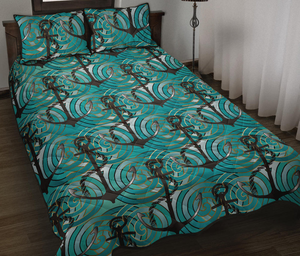 Anchor nautical green background Quilt Bed Set
