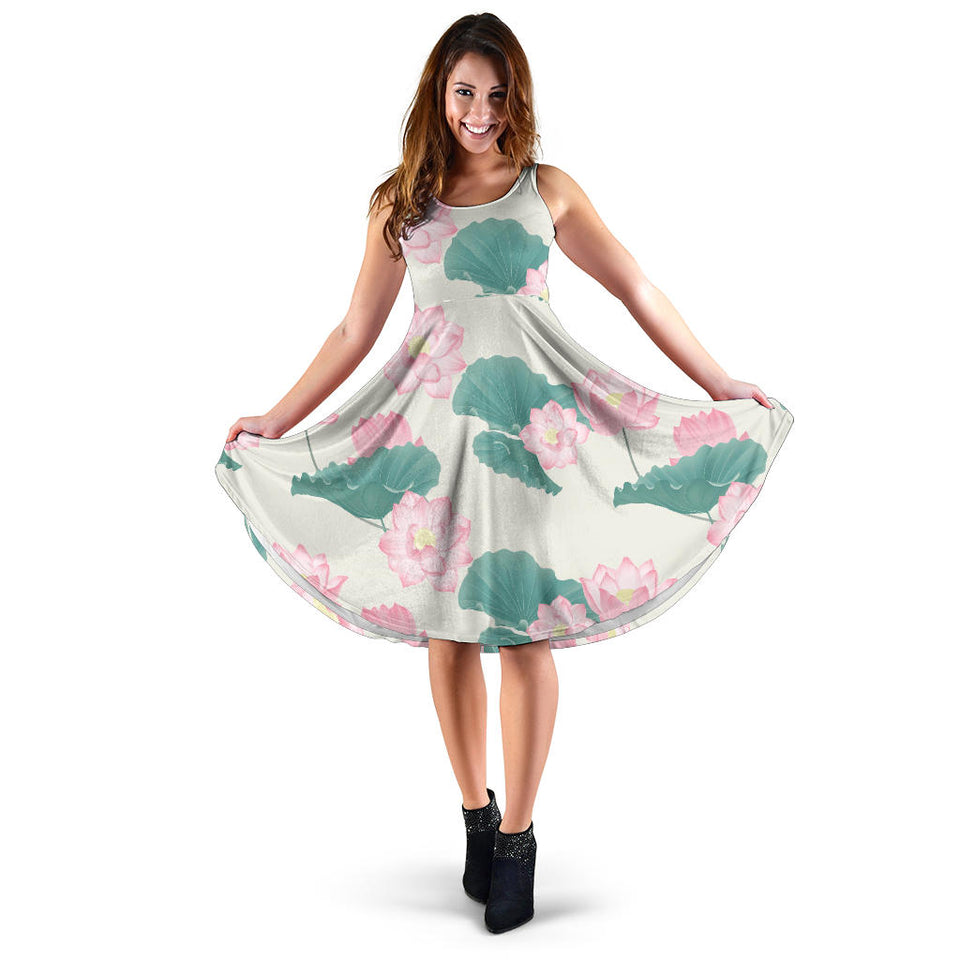 Pink Lotus Waterlily Leaves Pattern Sleeveless Midi Dress