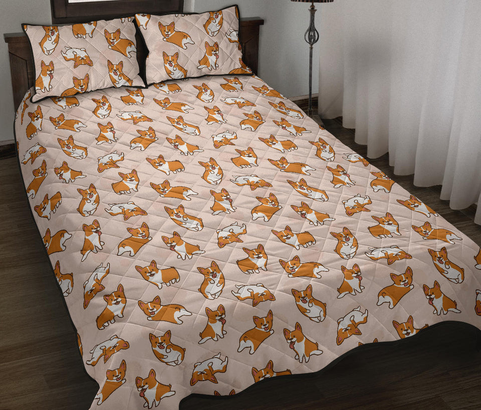 Cute Corgis Pattern pink background Quilt Bed Set
