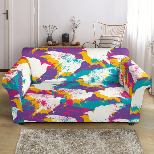 Colorful Crow Illustration Pattern Loveseat Couch Slipcover