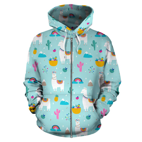 Llama Alpaca Cactus Leaves Pattern Zip Up Hoodie