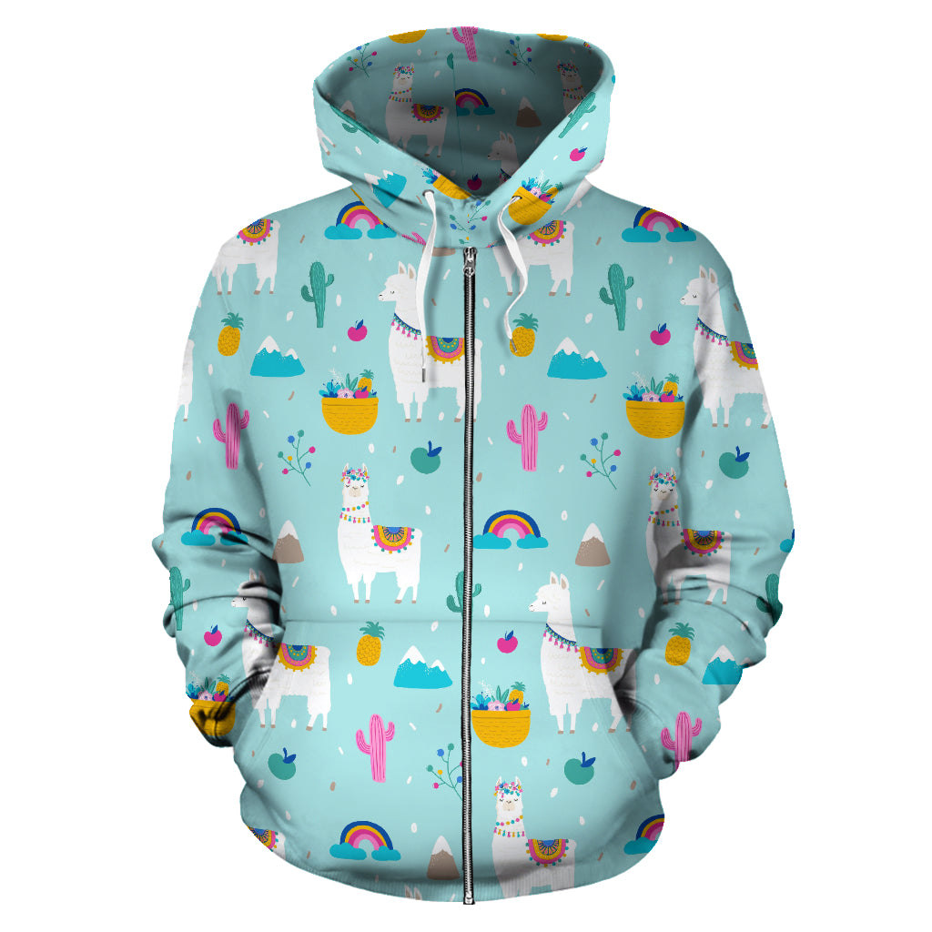 Llama Alpaca Cactus Leaves Pattern Zip Up Hoodie