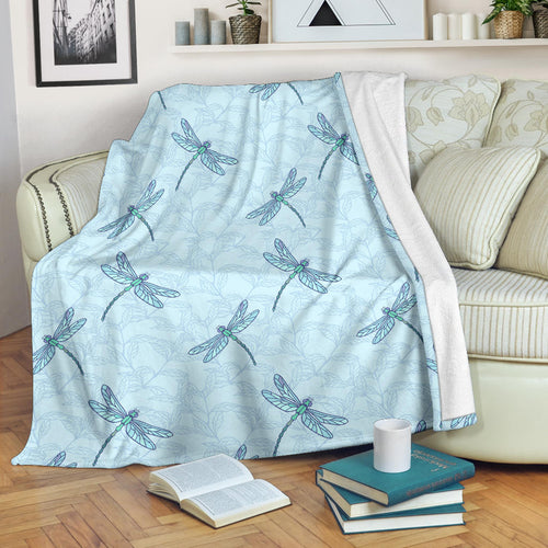 Dragonfly Pattern Blue Background Premium Blanket