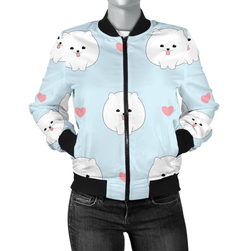 White Cute Pomeranian Pattern Women'S Bomber Jacket