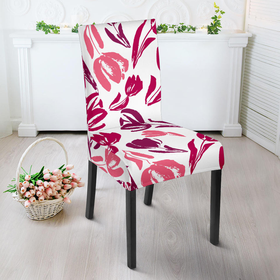 Pink Sketch Tulip Pattern Dining Chair Slipcover