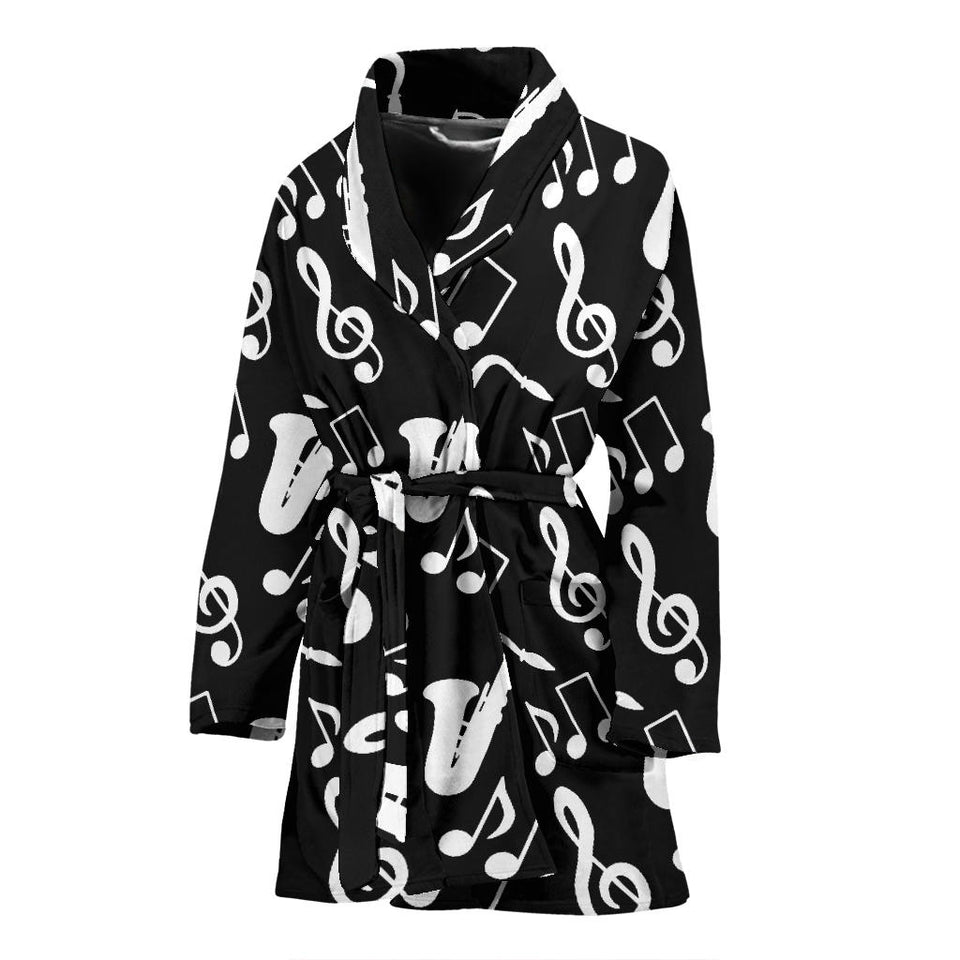 Saxophone Music Notes Treble Clef Black White Theme Women'S Bathrobe