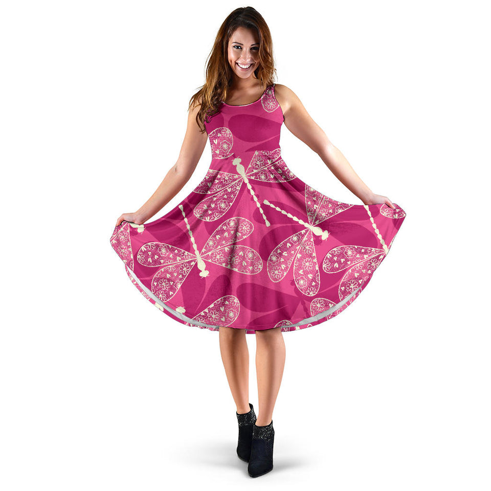 Beautiful Dragonfly Pink Background Sleeveless Midi Dress