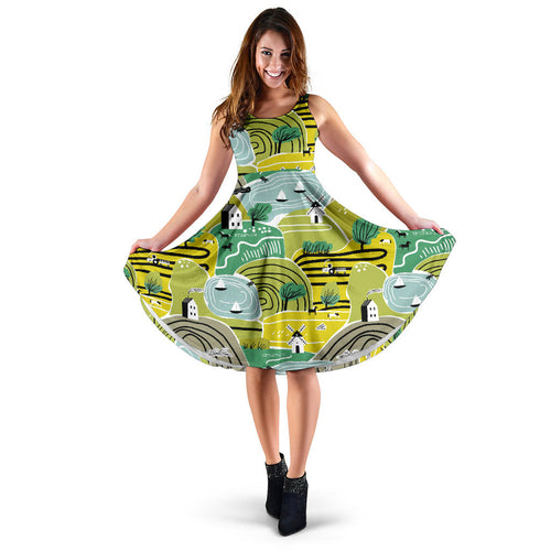 Hand Drawn Windmill Pattern Sleeveless Midi Dress