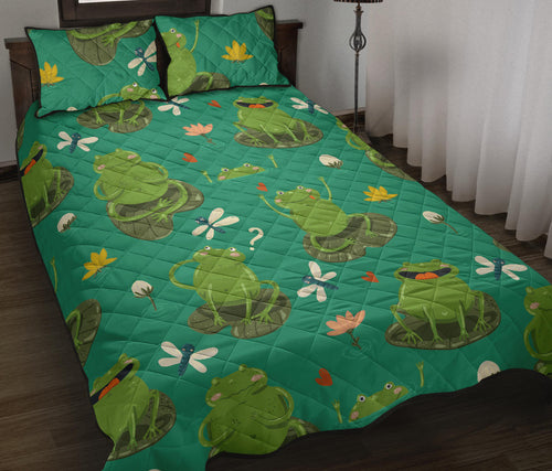 Cute frog dragonfly design pattern Quilt Bed Set