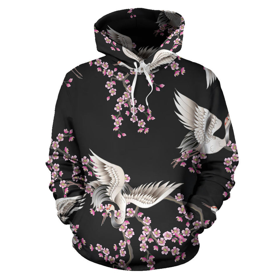 Japanese Crane Pink Sakura Pattern Men Women Pullover Hoodie