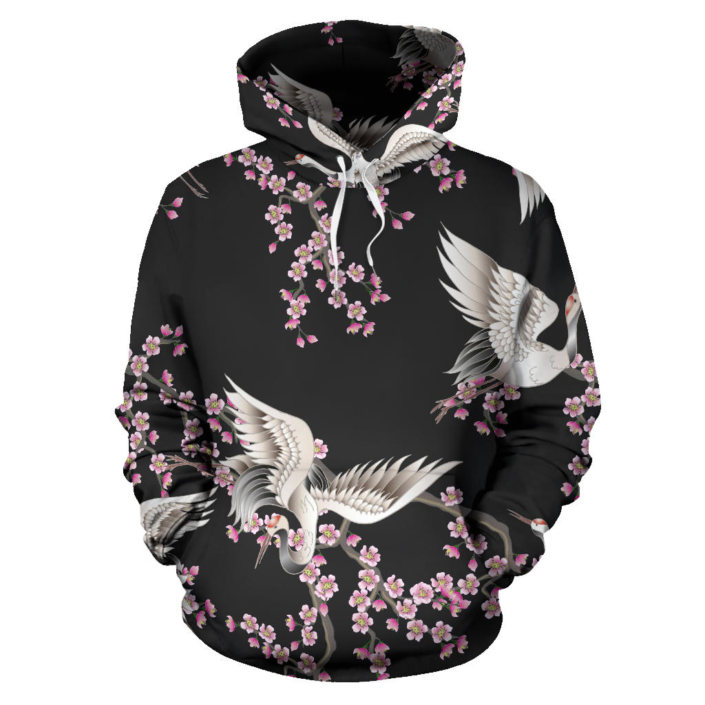 Japanese Crane Pink Sakura Pattern Men Women Pullover Hoodie