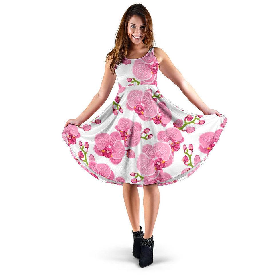 Pink Purple Orchid Pattern Background Sleeveless Midi Dress