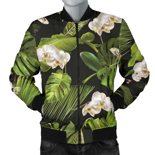 White Orchid Flower Tropical Leaves Pattern Blackground Men'S Bomber Jacket