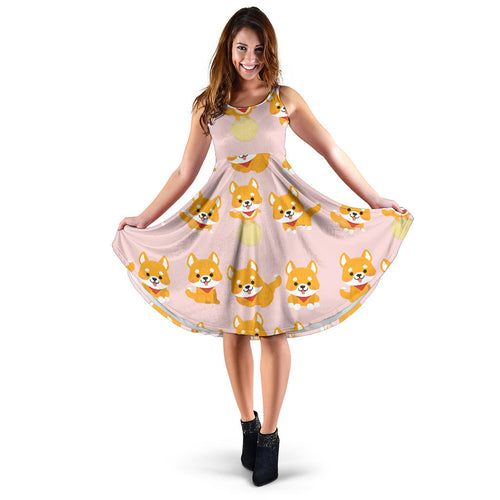 Cute Shiba Inu Dog Pattern Sleeveless Midi Dress