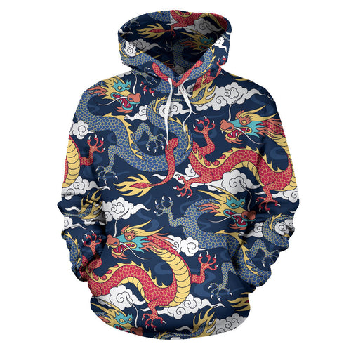 Blue Red Dragon Cloud Pattern Men Women Pullover Hoodie