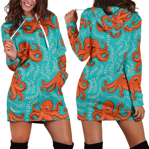 Octopus Turquoise Background Women'S Hoodie Dress