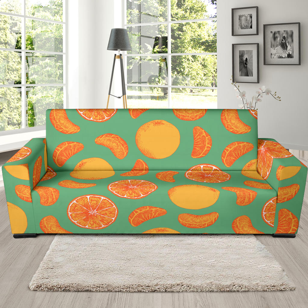 Orange Fruit Pattern Green Background Sofa Slipcover