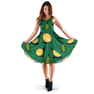 Durian Pattern Green Background Sleeveless Midi Dress