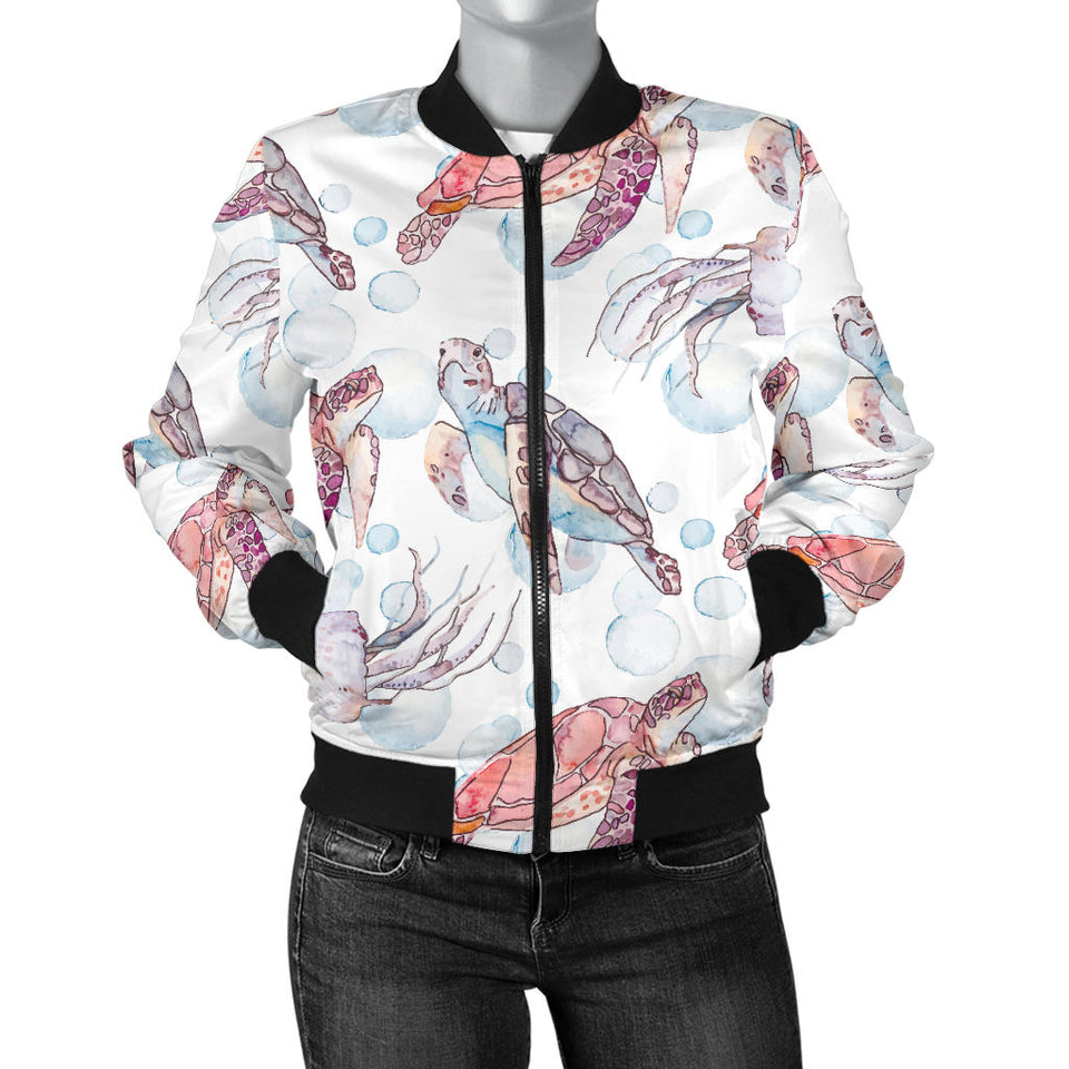 Watercolor Sea Turtle Jellyfish Pattern Women'S Bomber Jacket