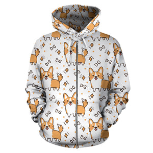 Cute Corgi Heart Star Bone Pattern Zip Up Hoodie