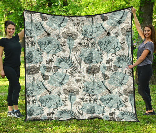 Dragonfly Butterfly Plants Insect Flower Vintage Style Pattern Premium Quilt