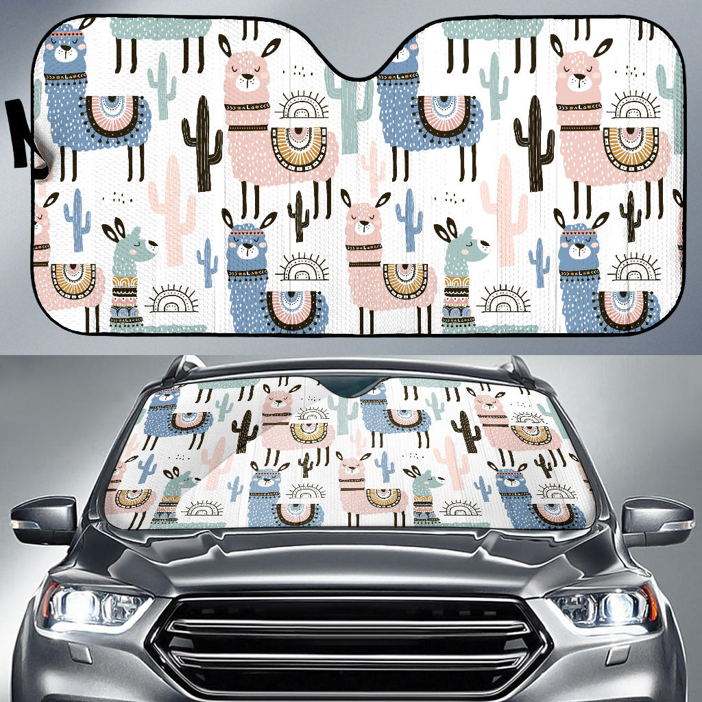 Lama Alpaca Cactus Hand Drawn Pattern Car Sun Shade