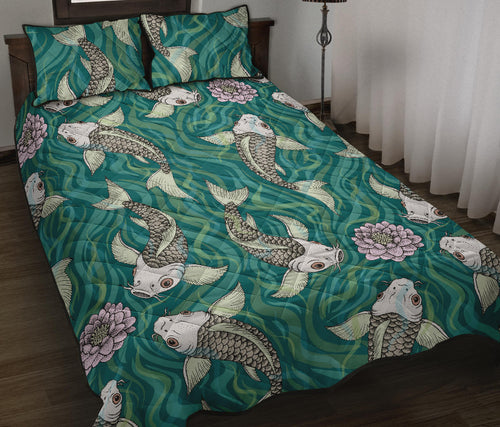 Koi Fish Carp Fish lotus pattern Quilt Bed Set