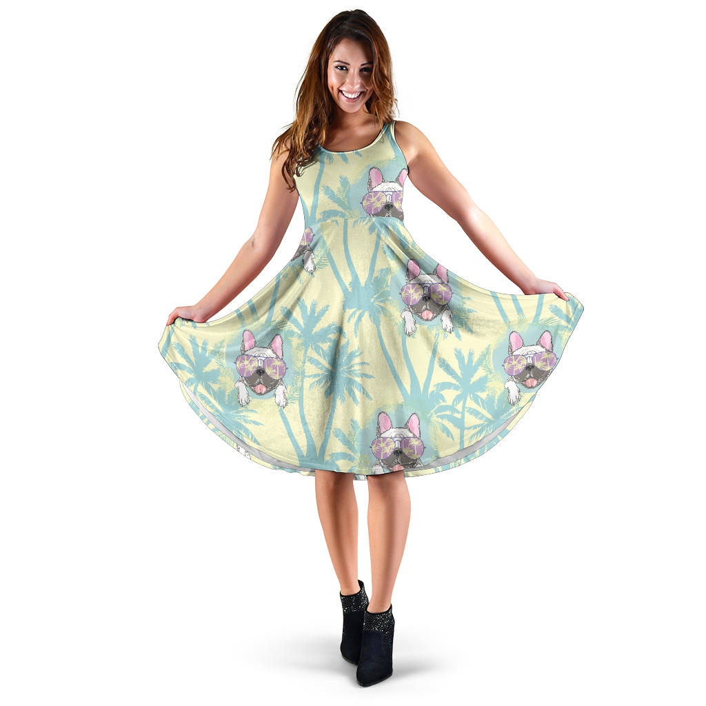 French Bulldog Hawaii Blackground Sleeveless Midi Dress