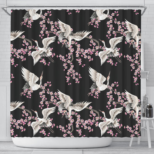 Japanese Crane Pink Sakura Pattern Shower Curtain Fulfilled In US