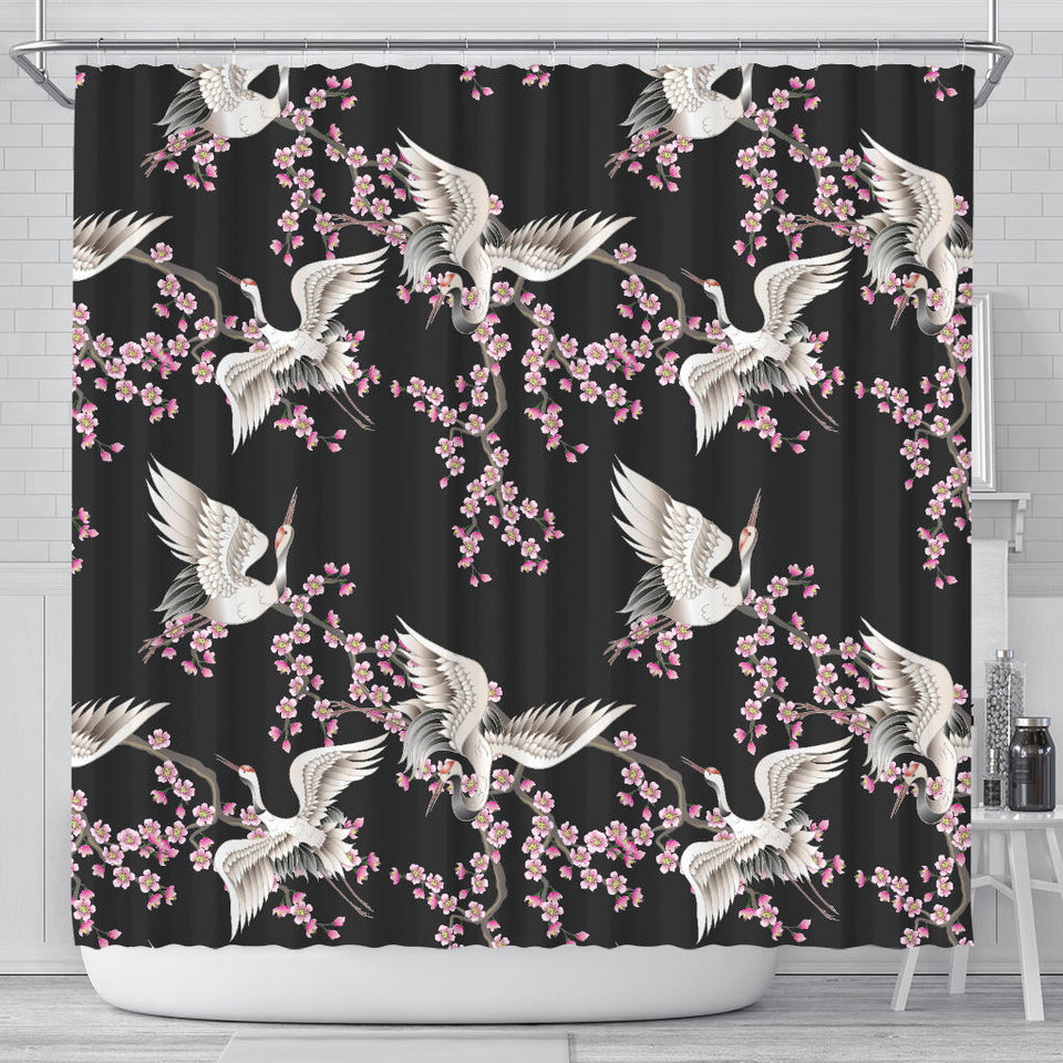 Japanese Crane Pink Sakura Pattern Shower Curtain Fulfilled In US