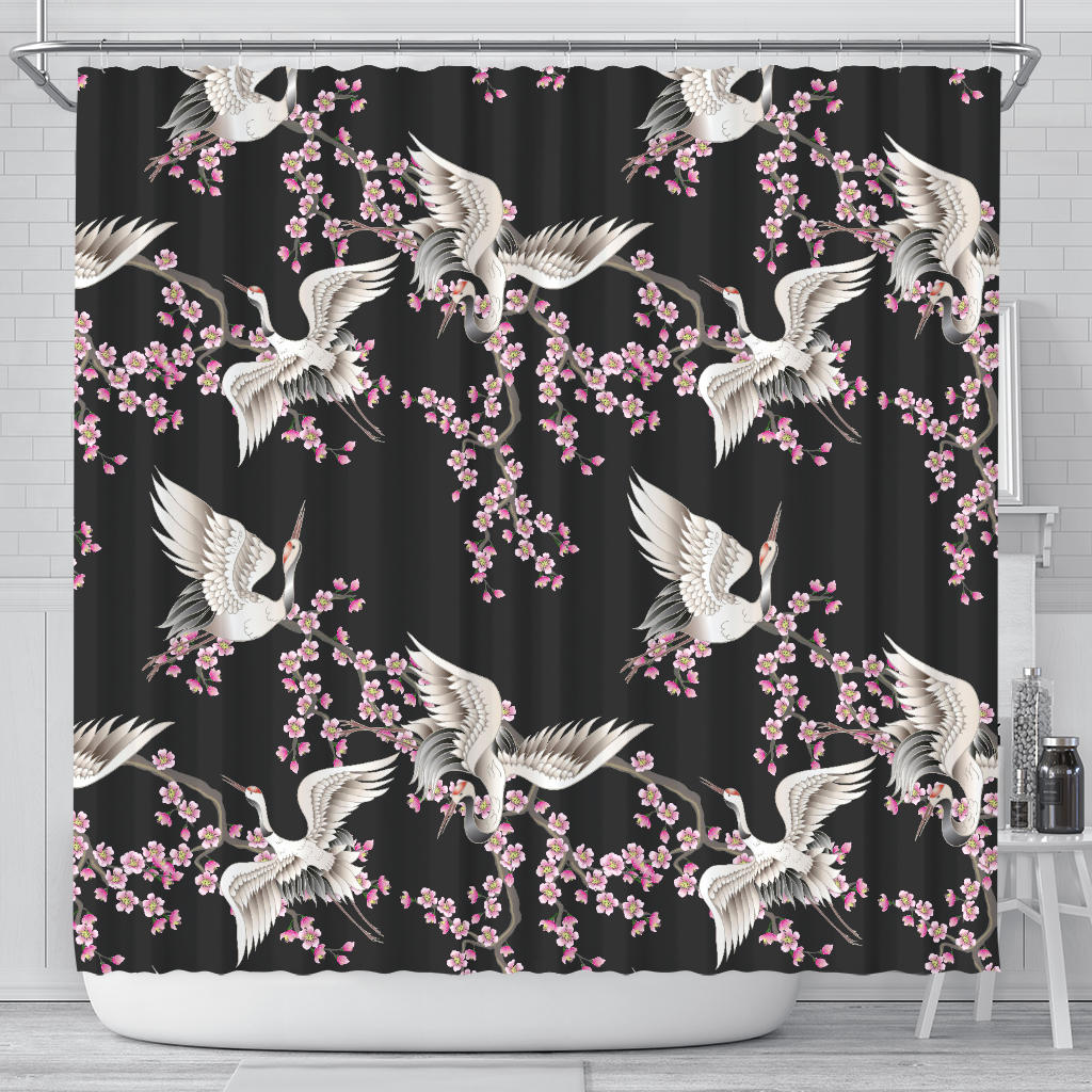 Japanese Crane Pink Sakura Pattern Shower Curtain Fulfilled In US