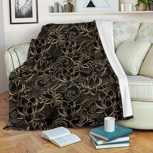 Luxurious Gold Lotus Waterlily Black Background Premium Blanket