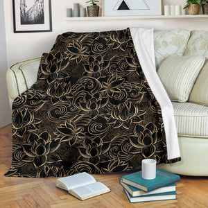 Luxurious Gold Lotus Waterlily Black Background Premium Blanket
