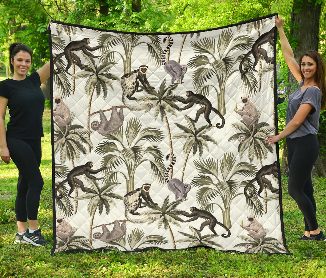 Monkey Sloth Lemur Palm Trees Pattern Premium Quilt