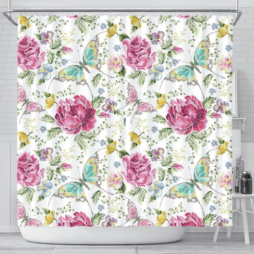 Hand Drawn Butterfly Rose Shower Curtain Fulfilled In US