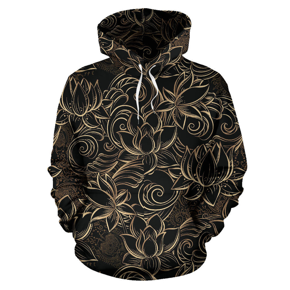 Luxurious Gold Lotus Waterlily Black Background Men Women Pullover Hoodie