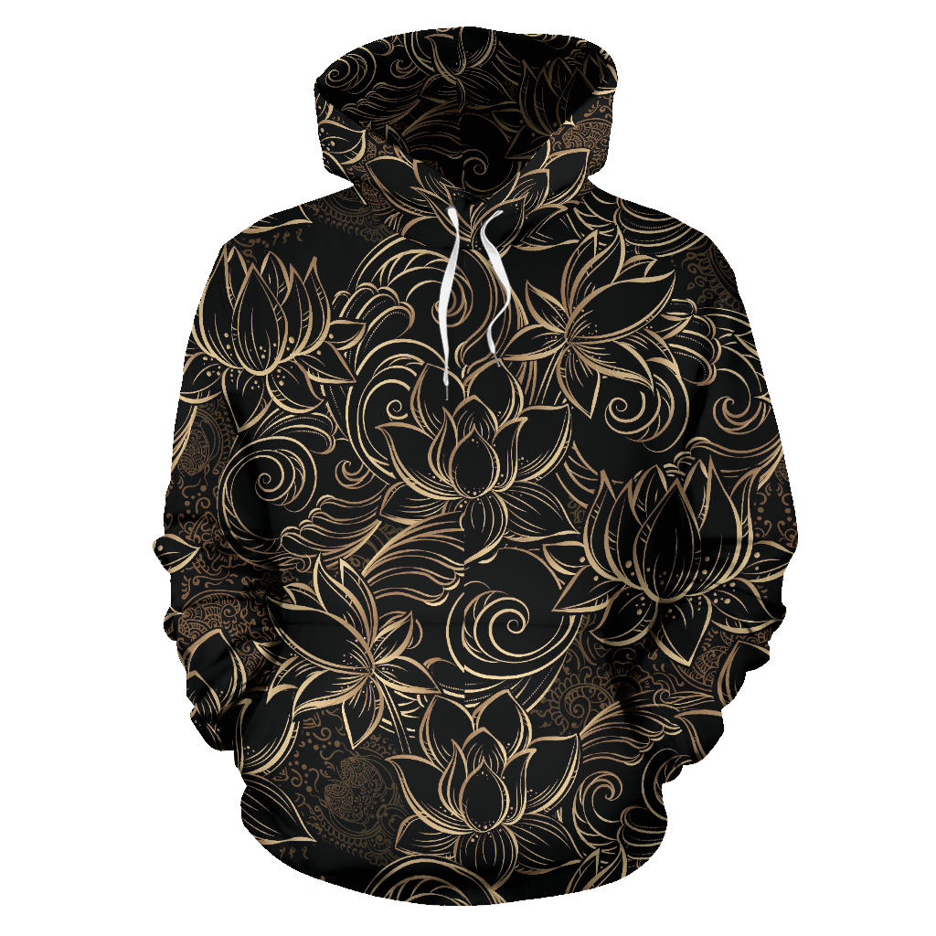Luxurious Gold Lotus Waterlily Black Background Men Women Pullover Hoodie
