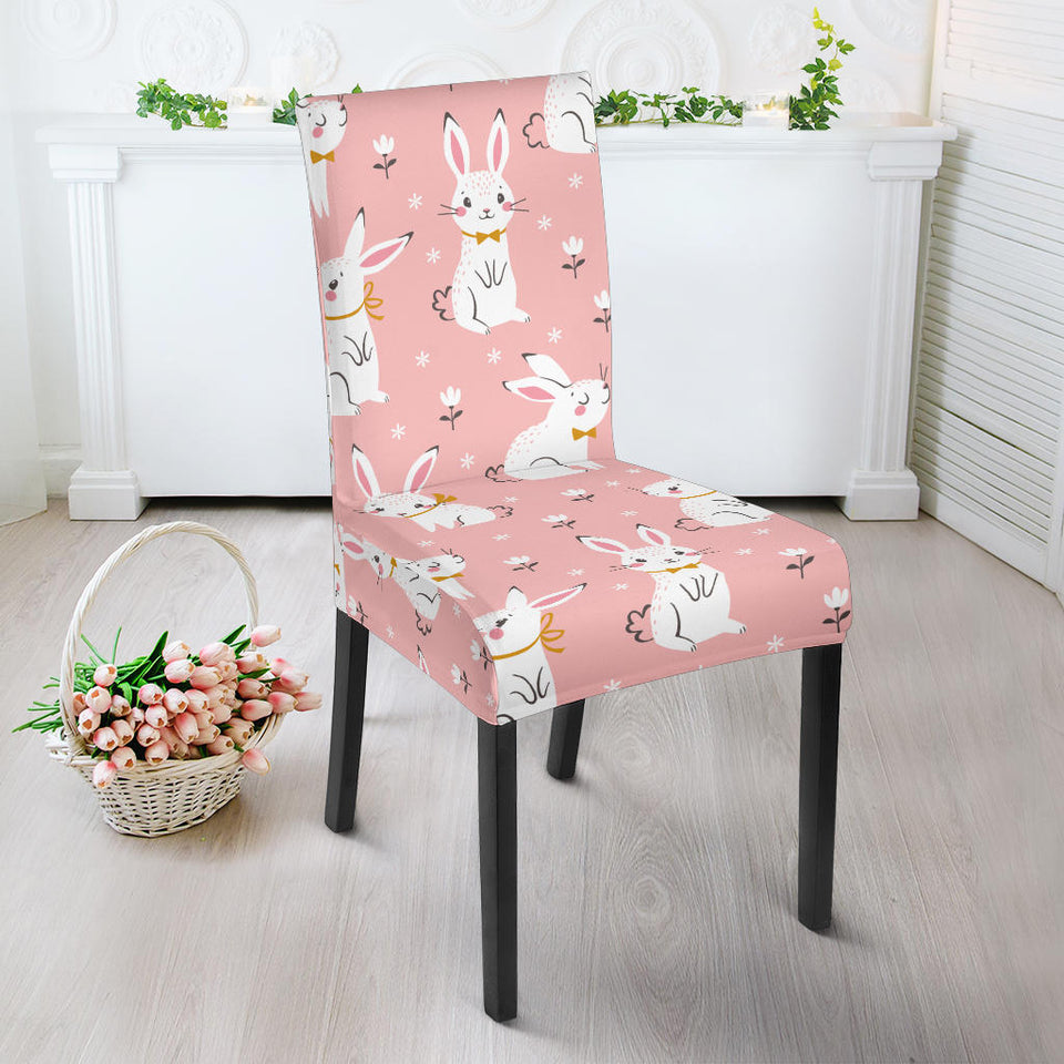 Cute White Rabbit Flower Pink Background Dining Chair Slipcover