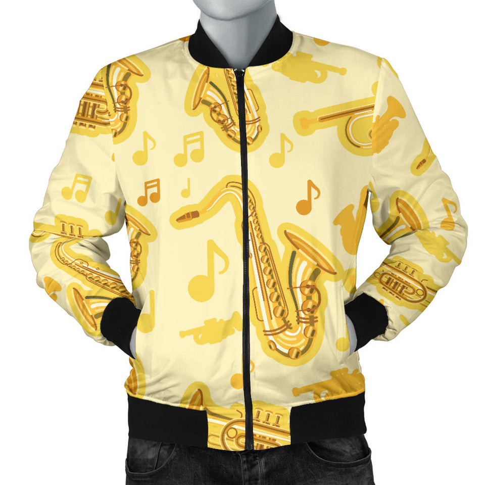 Saxophone Cornet Pattern Yellow Background Men'S Bomber Jacket