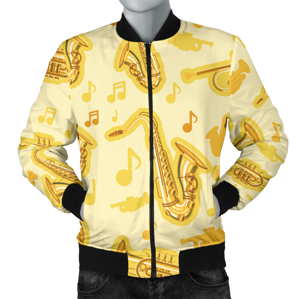 Saxophone Cornet Pattern Yellow Background Men'S Bomber Jacket
