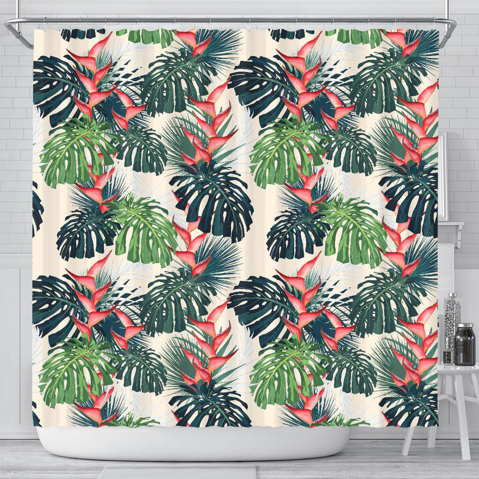 Heliconia Flowers, Palm And Monstera Leaves Shower Curtain Fulfilled In US