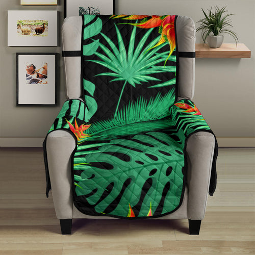 heliconia flower palm monstera leaves black background Chair Cover Protector