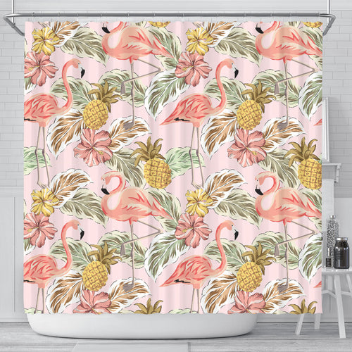 Pink Flamingo Birds Pineapples Hibiscus Flower Pattern Shower Curtain Fulfilled In US