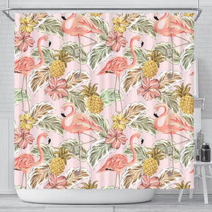 Pink Flamingo Birds Pineapples Hibiscus Flower Pattern Shower Curtain Fulfilled In US