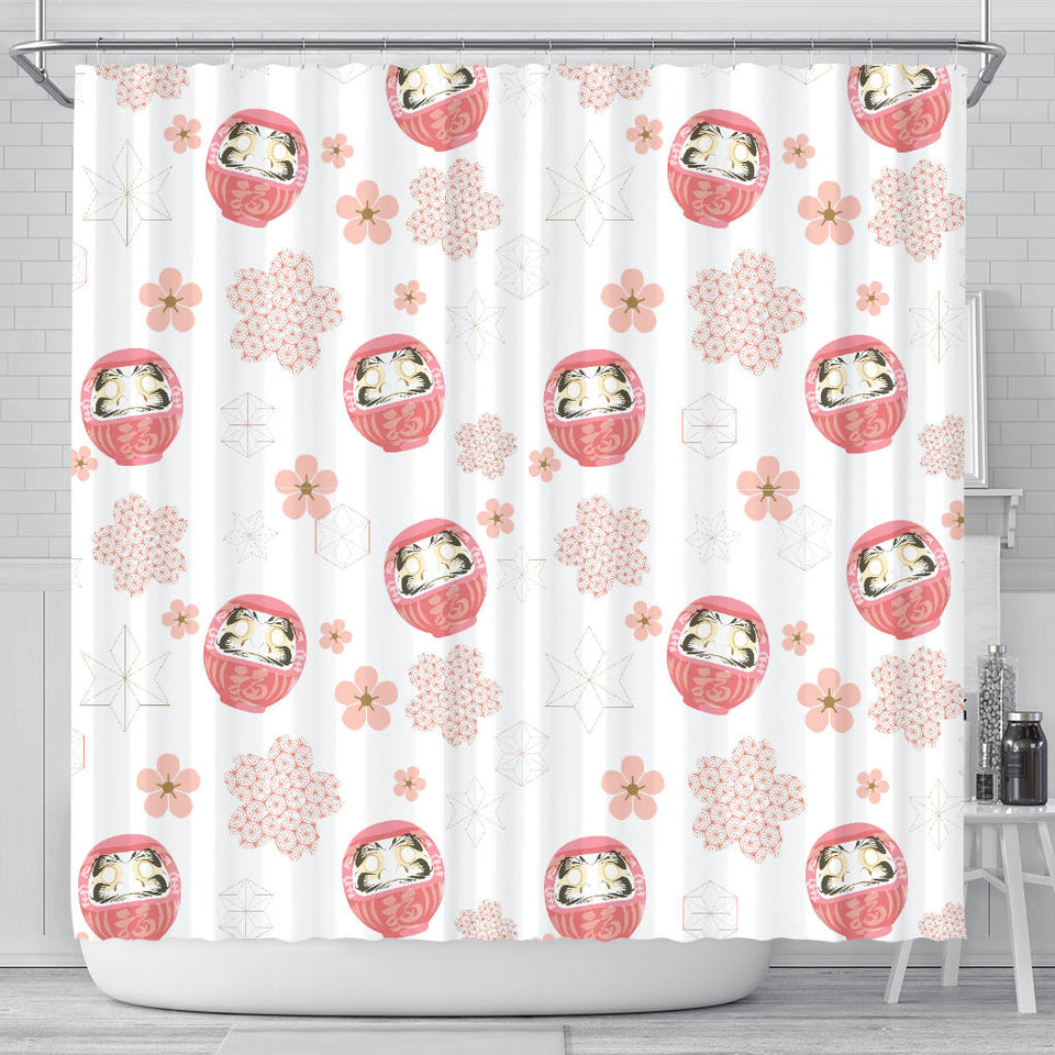Daruma Japanese Wooden Doll Cherry Blossom Flower Pattern Shower Curtain Fulfilled In US