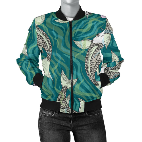 Koi Fish Carp Fish Lotus Pattern Women'S Bomber Jacket