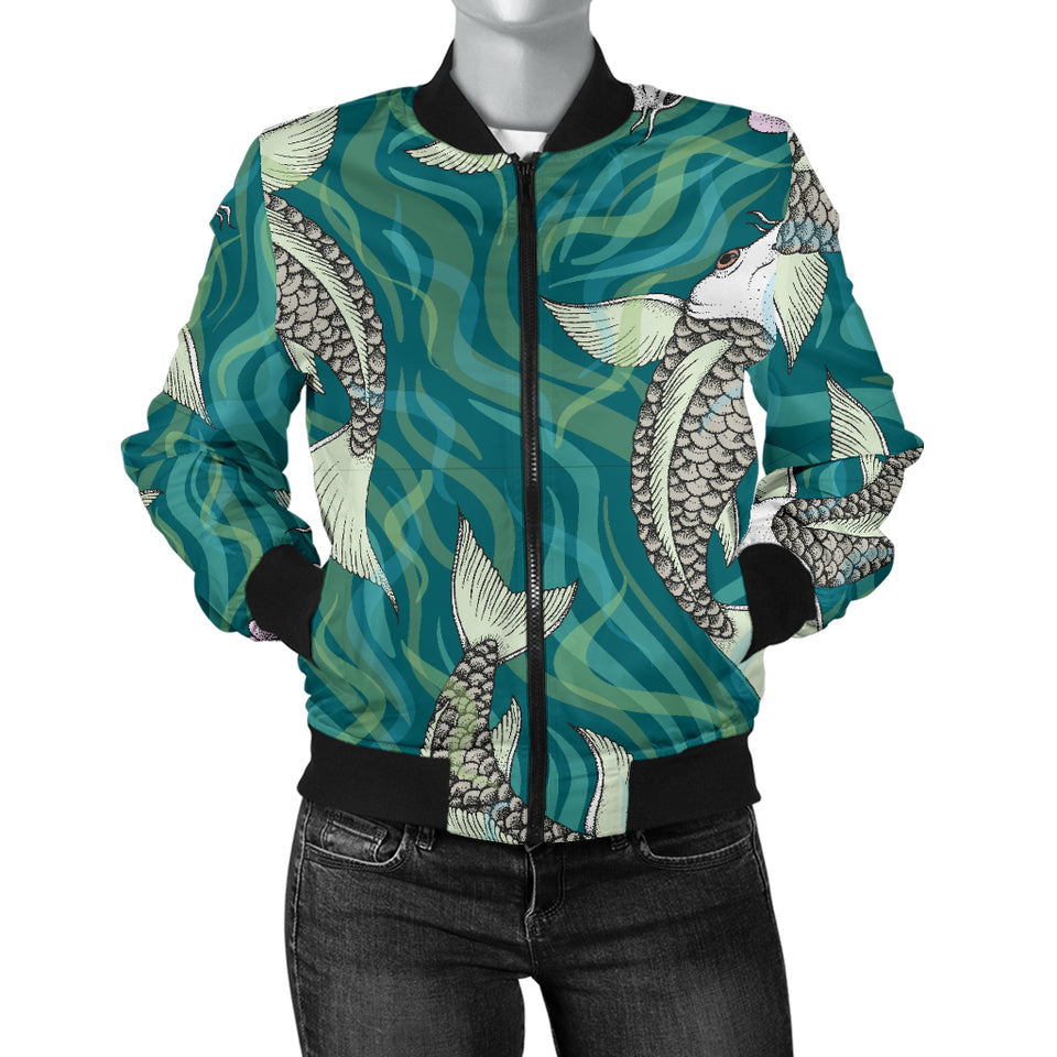 Koi Fish Carp Fish Lotus Pattern Women'S Bomber Jacket