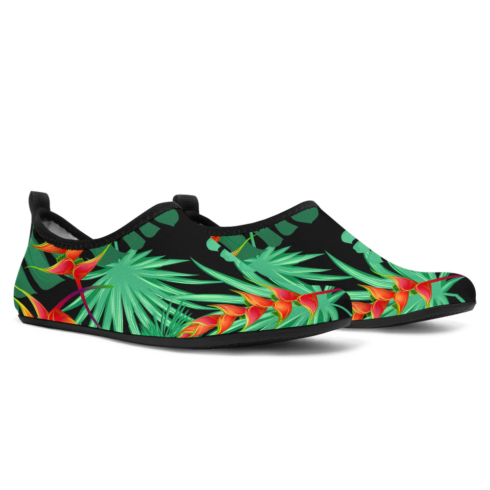 Heliconia Flower Palm Monstera Leaves Black Background Aqua Shoes