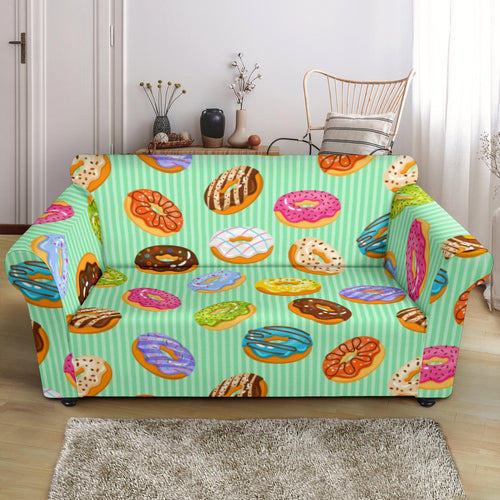 Colorful Donut Pattern Green Background Loveseat Couch Slipcover